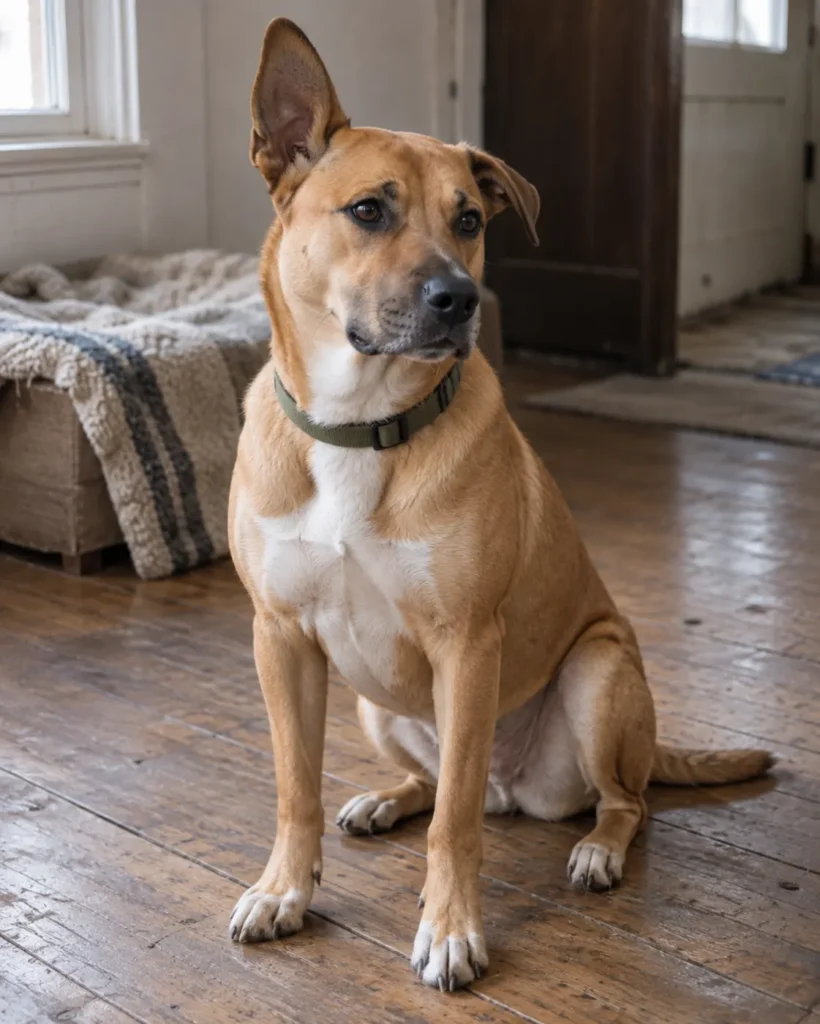 Biscuit, a tan medium-sized dog with a white chest and one ear up, sitting on worn floorboards in window light, plain green collar.