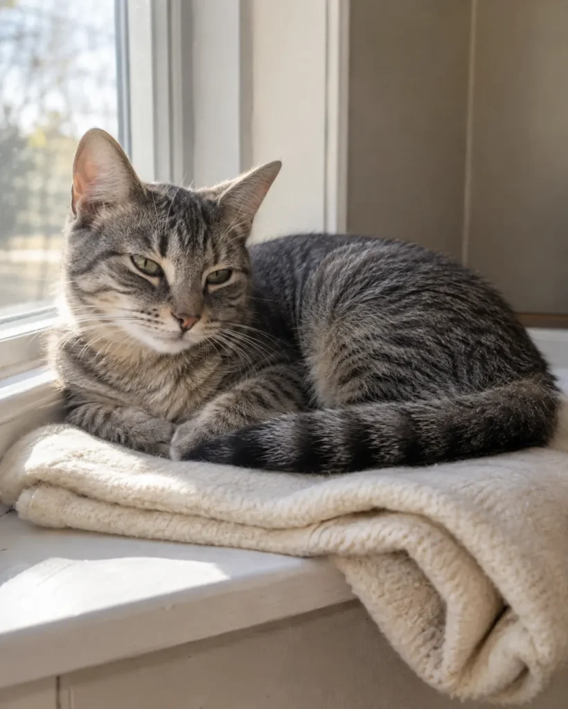 Juniper, a slim grey tabby cat curled on a folded cream blanket on a sunny windowsill, eyes half closed.