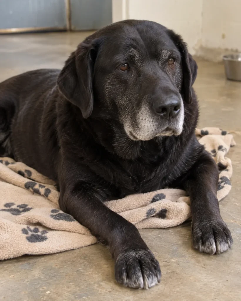 Moose, a large black labrador mix with a grey muzzle, lying on a paw-print blanket on a concrete kennel floor.