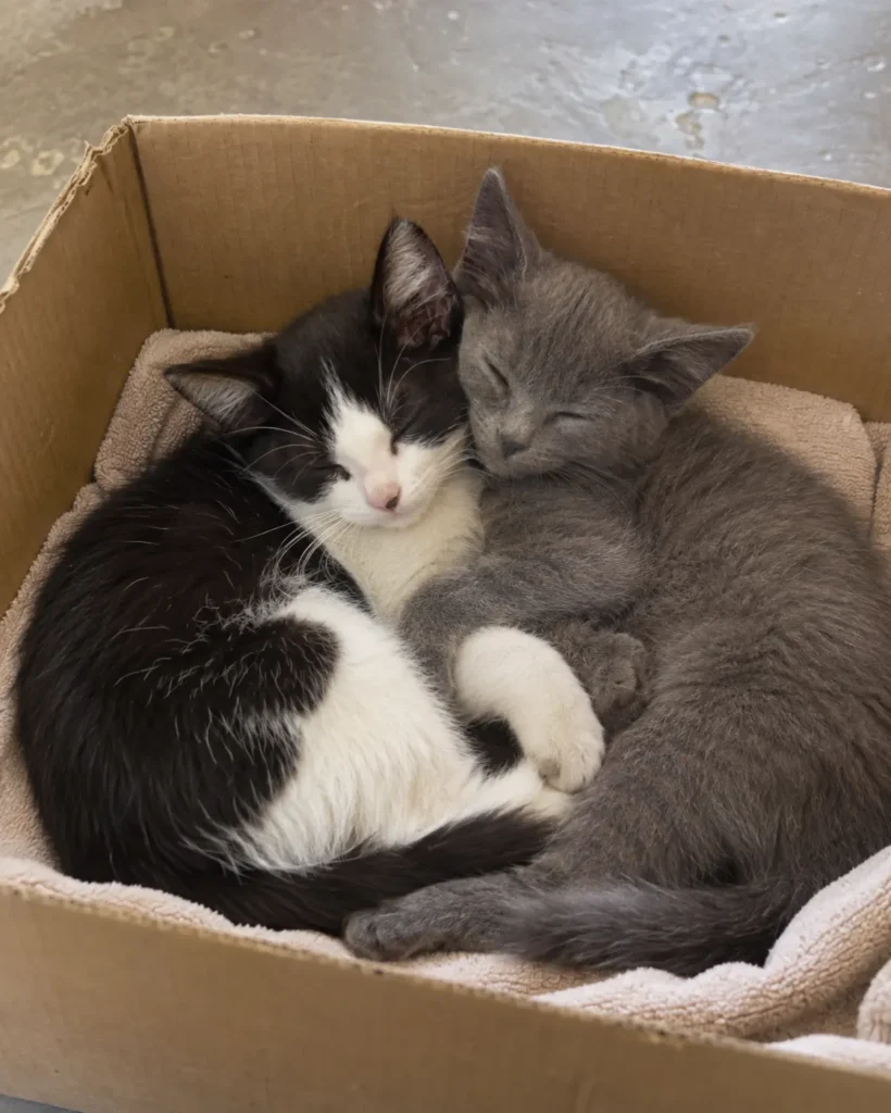 Pickle and Olive, a black-and-white kitten and a grey kitten asleep against each other in a cardboard box lined with a towel.