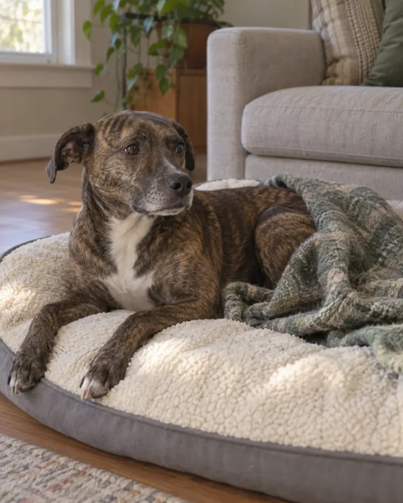 Hazel, a small brindle dog resting on a fleece dog bed with a blanket over her hindquarters, in a living room.