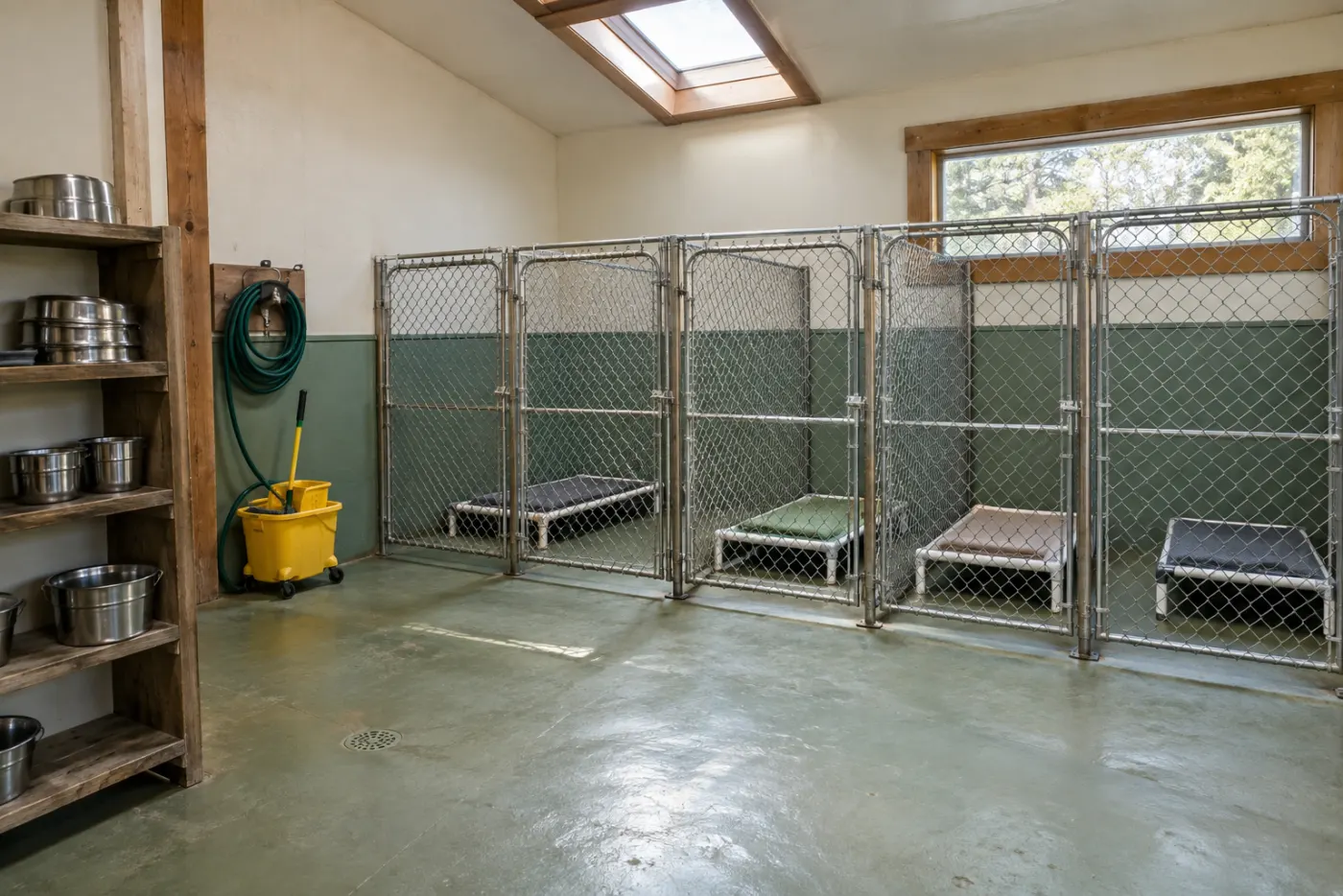 The kennel room: four empty chain-link runs with raised beds and fleece blankets, a shelf of steel bowls, a mop bucket and a skylight.