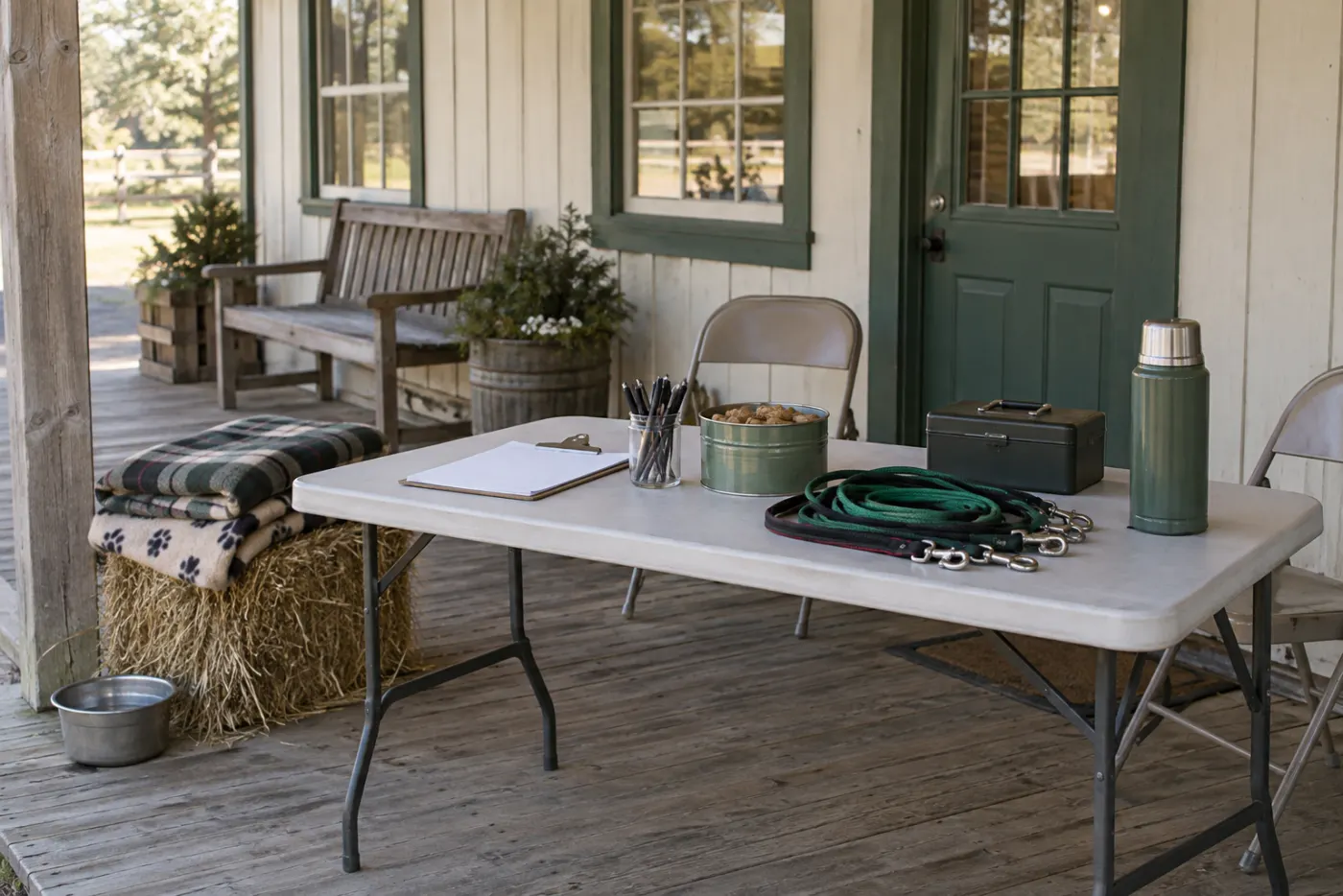 The adoption-day table on the porch before opening: a clipboard of blank forms, a jar of pens, a treat tin, coiled slip leads, a thermos and a cash box.